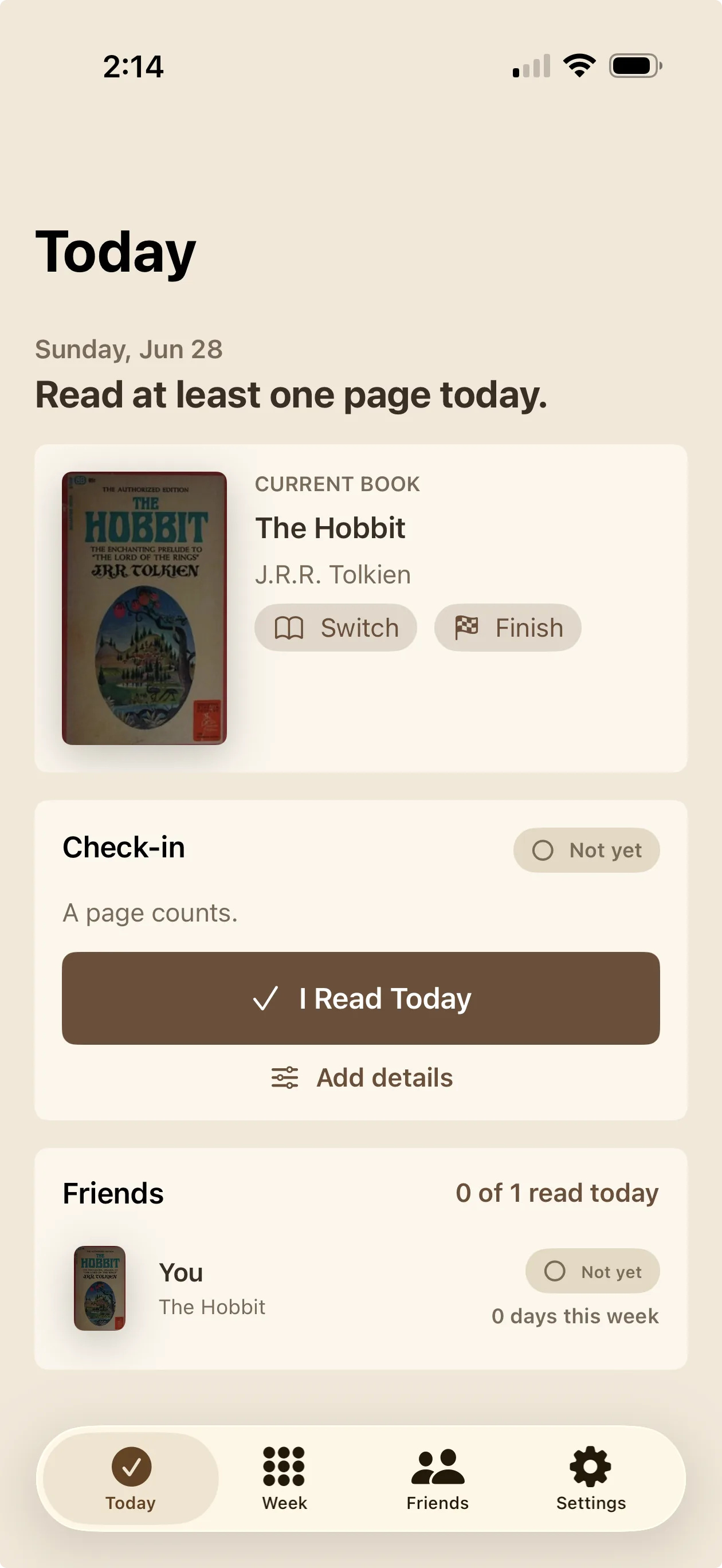 PagePromise Today screen showing a current book, check-in button, and friend board